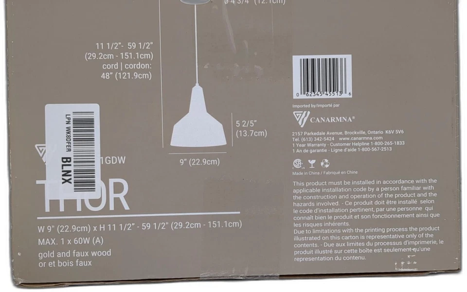 Colgante Thor 1 Luz, Oro E Imitación Madera, Cordón Tela Blanca Ajustable, 60w E26 Foto 3 de 4