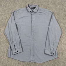 Vince Camuto Hidden Buttons Dress Shirt Men  s Large White And Navy Blue Speckled