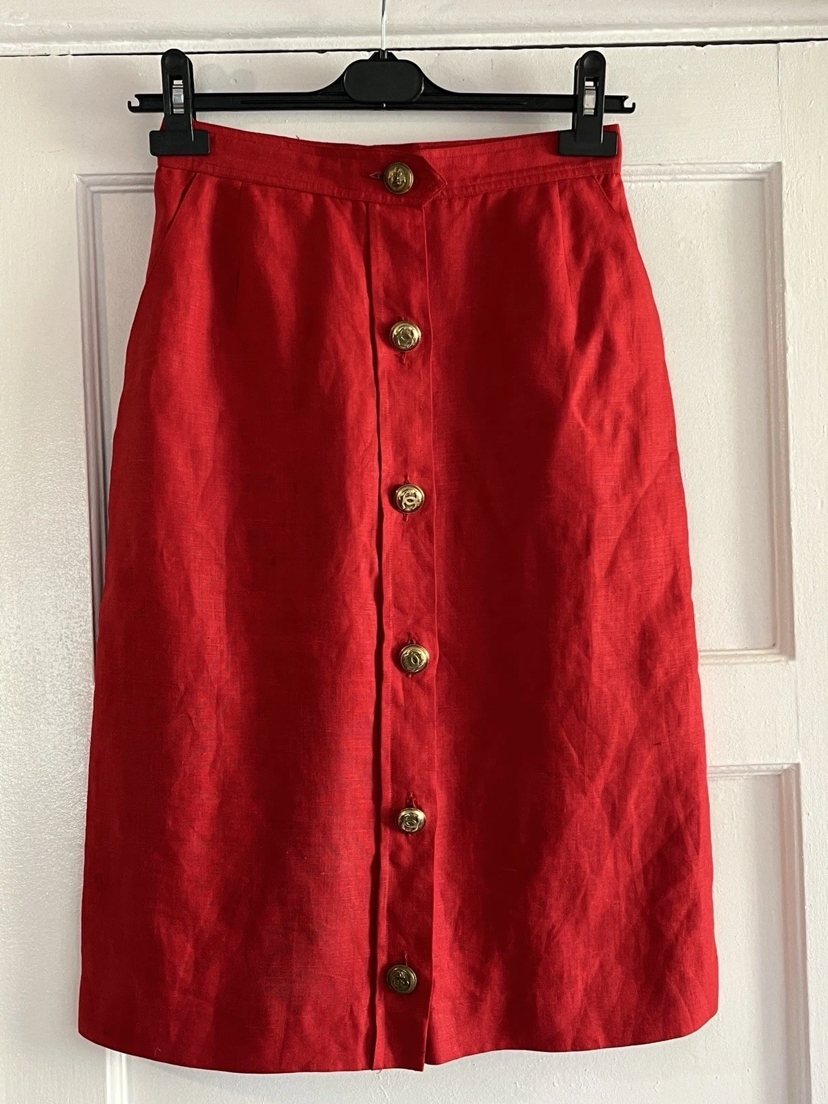 Vintage Chanel Red Linen Pencil Skirt CC Buttons UK XS / 8