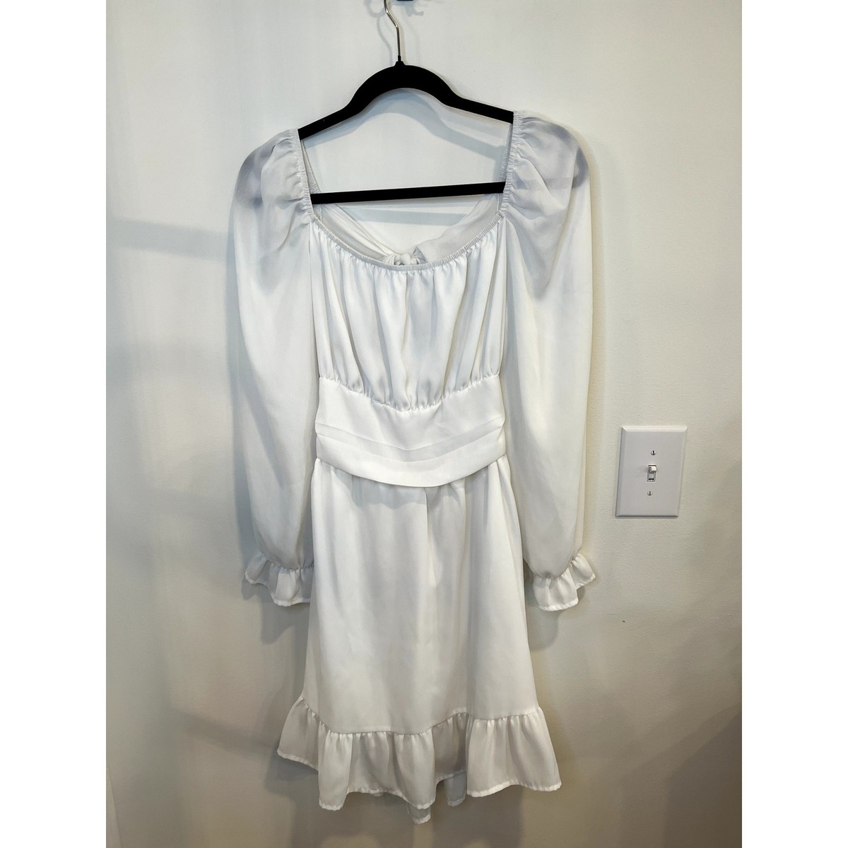 White Cottagecore Mini Dress Womens M Puff Sleeve Tie Back Babydoll Boho  Bridal | eBay