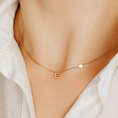Personalisierte zierliche Pave Initialen Halskette mit kleinem Herz in Edelstahl