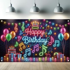 Starlit Patio Neon Happy Birthday Banner Backdrop Music Party Decorations Glow i