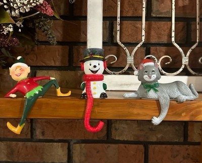 3 Vintage Plastic Christmas Stocking Holder Hangers Elf, Snowman, Cat