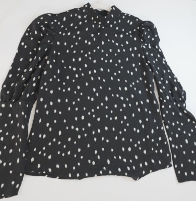 China Dolls Womens Medium Blouse Secretary Black Dot White Long Sleeve Workwear