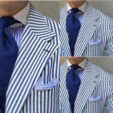 Seersucker Summer Men's Suits Blue 2 Pcs Beach Casual Leisure Men Blazers