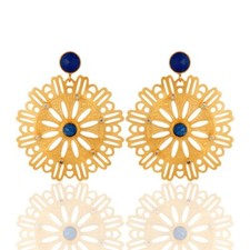 Blue Aventurine With CZ Filigree Flower Designer Earrings Handmade Jewelry Gift