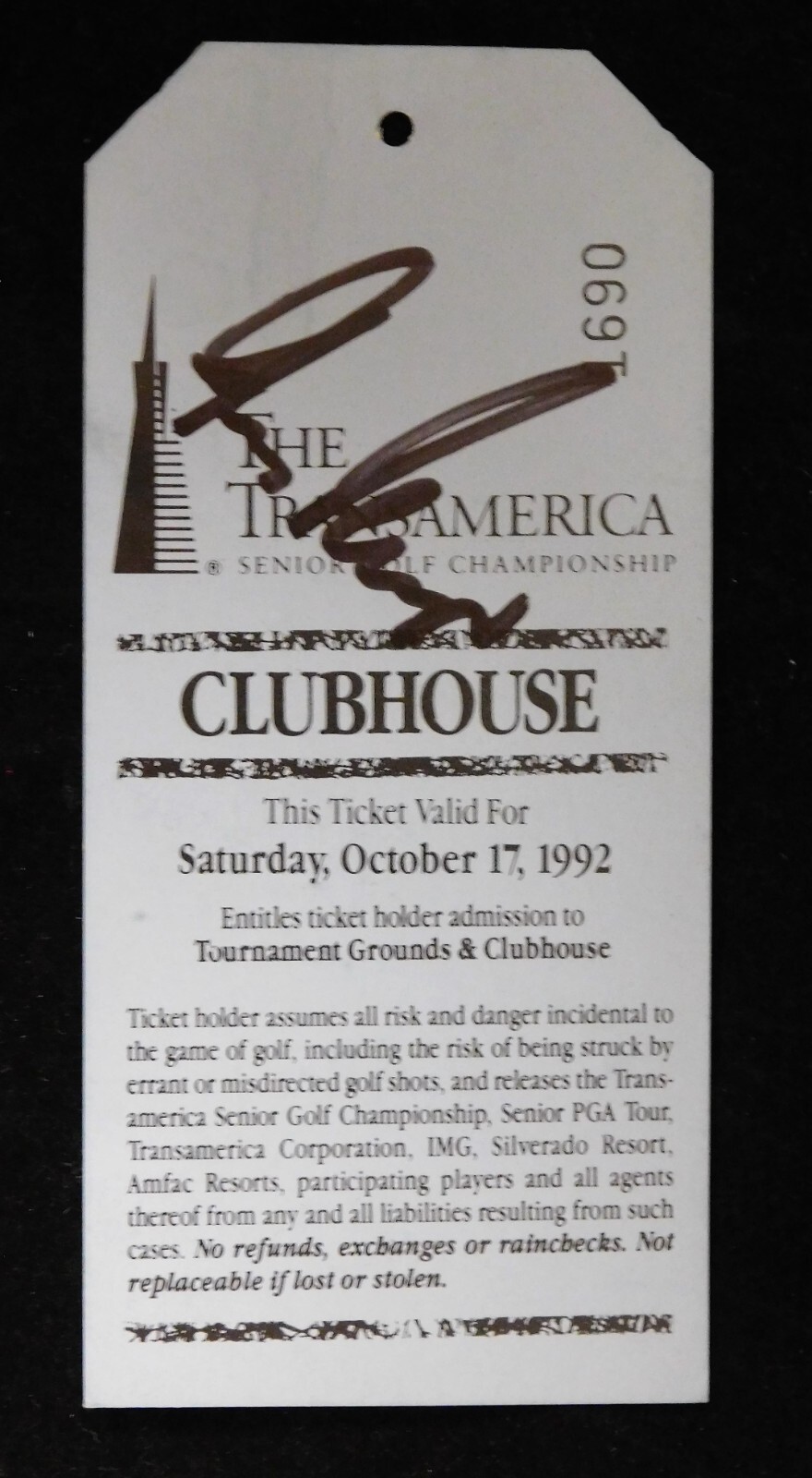 Gary Player Autographed Signed 1992 The Transamerica Championship Ticket JSA Authenticated 