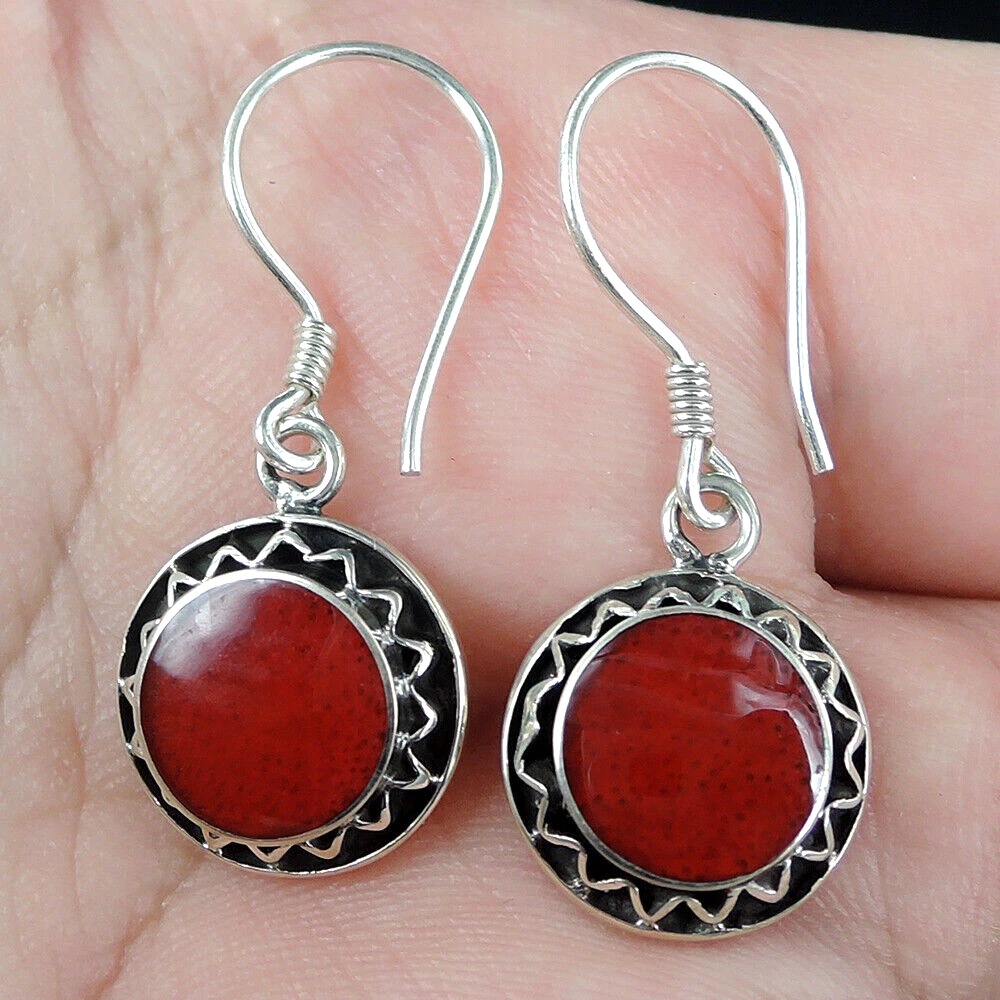 Orecchini A Borchia In Argento 925 Con Corallo Rosso Sintetico &ndash; Fatto A Mano, India, Taglia 0.99
