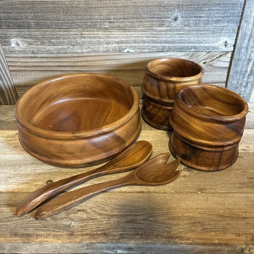 Vintage Wooden Bowl 12" Acacia Wood+ Large 4 Salad Bowl Set Salad Spoon and Fork