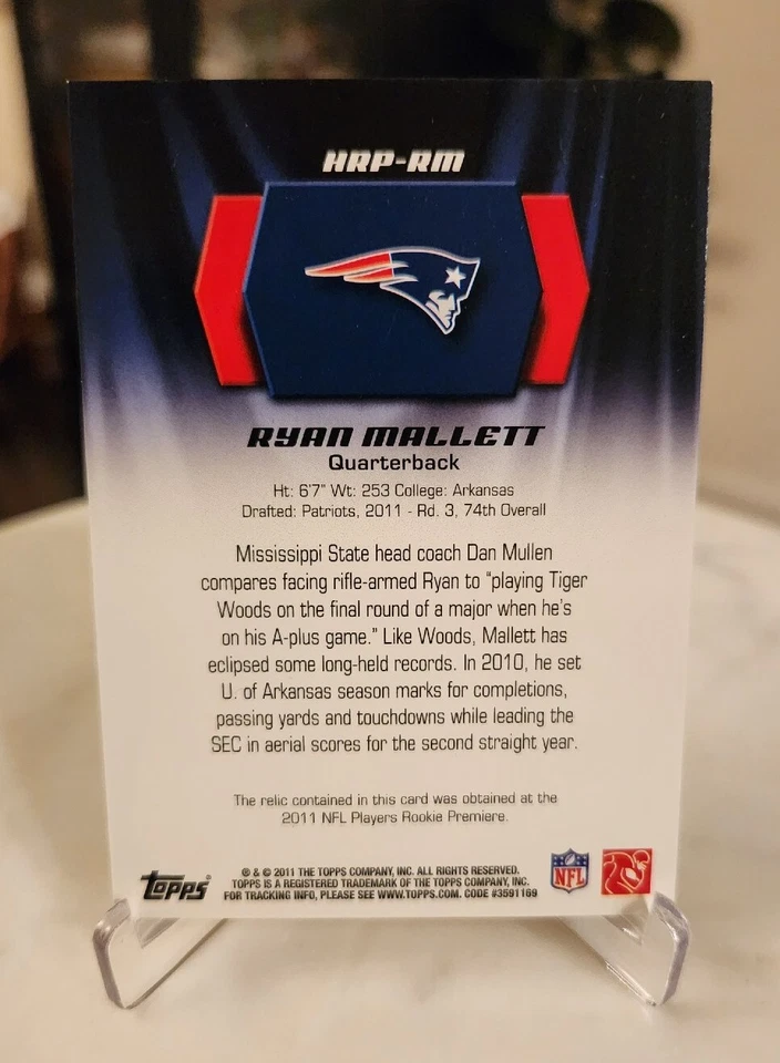 2011 Topps Ryan Mallett Patriots Rookie Patch Relic RC Rookie Card SP #HRP-RM - Image 2 of 2
