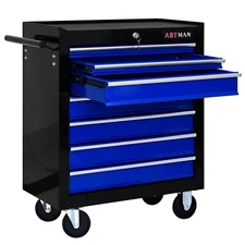 Mechanics Tool Cart, 7 Drawers, Steel Storage Cabinet WITH WHEELS, Black + Blue