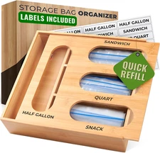 Food Storage Bag Organizer, Plastic Bag Organizer - Bamboo Monoblock Design B...