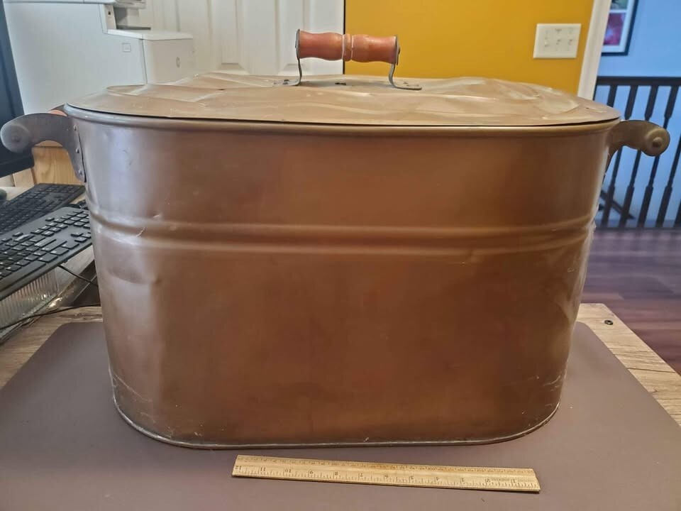 Large REVERE Vintage c1900 Copper Boiler Ham Cooker Wash Tub Wood