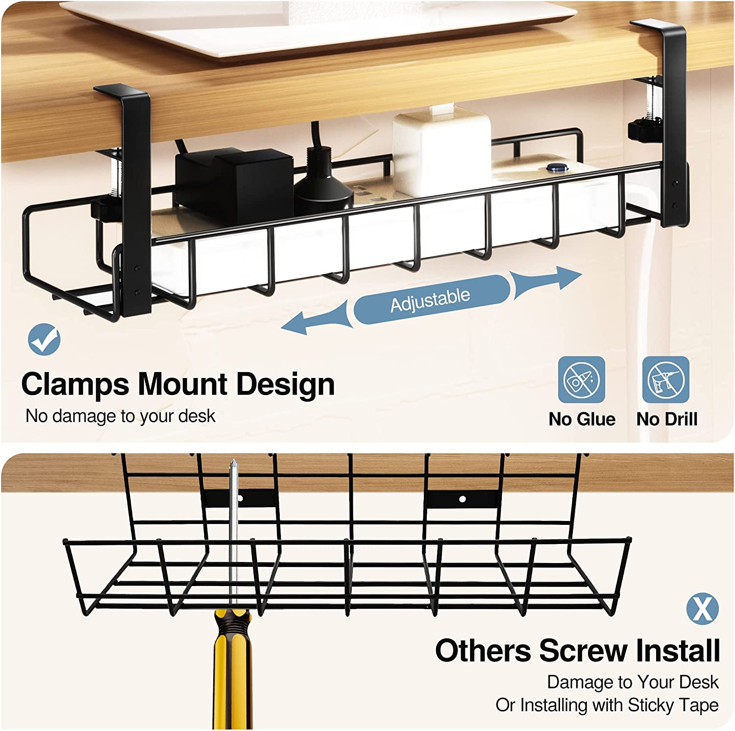 Under Desk Cable Management Tray 2 Pack, Upgraded Wire Management No ...