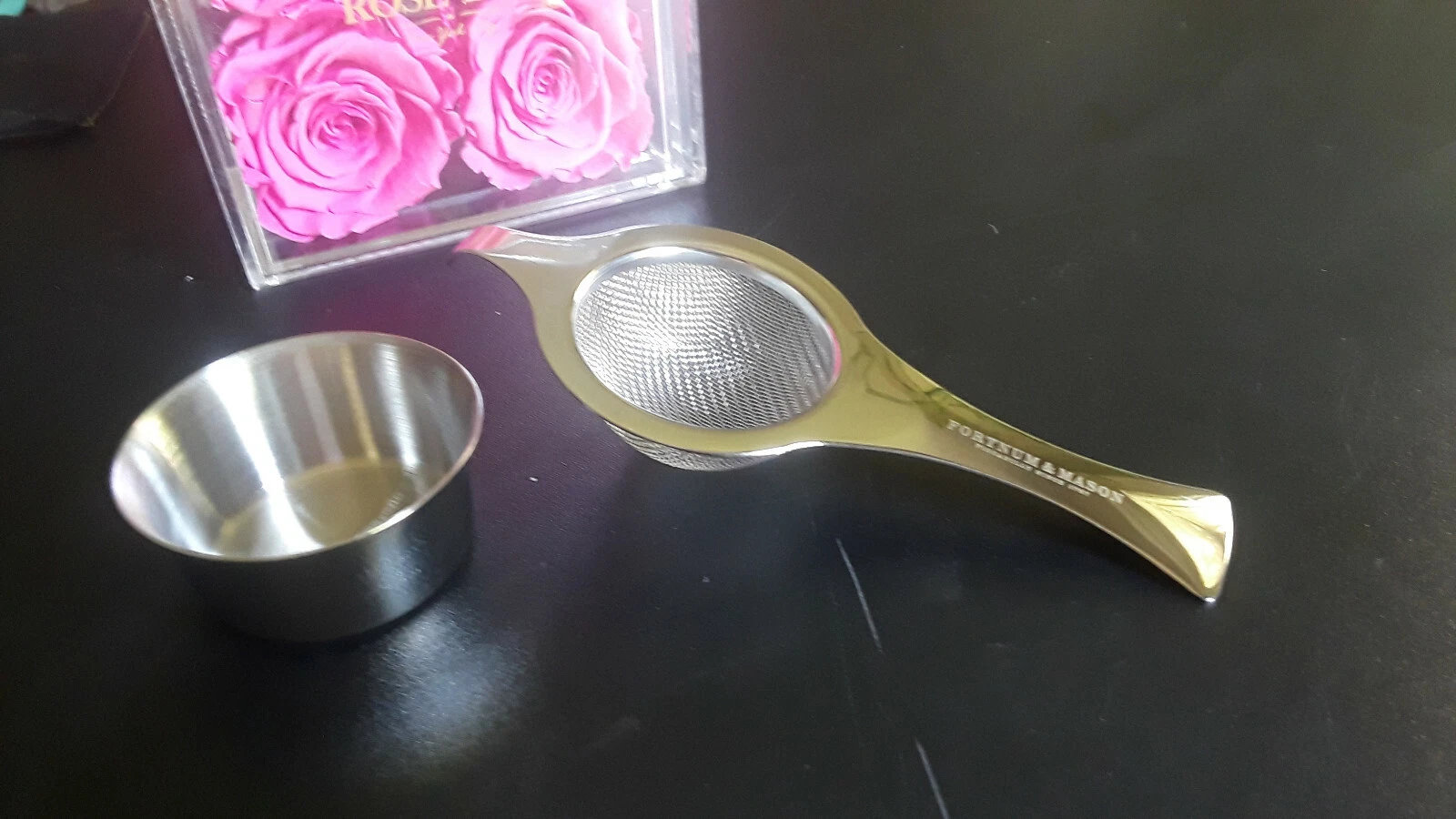 FORTNUM & MASON modern stainless steel tea strainer & drip bowl NIB