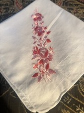 Vintage Pink Satin Embroidery Floral Roses Hankie VGC