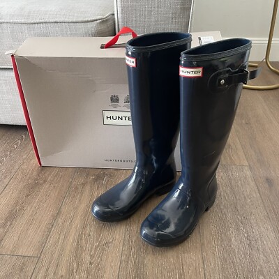 Hunter Women's Tall Navy Blue Adjustable Gloss Rain Boots Women’s
