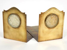 Antique Potter Studio, Carved Bird, Brass & White Jade Bookends, 7" x 5" PAIR