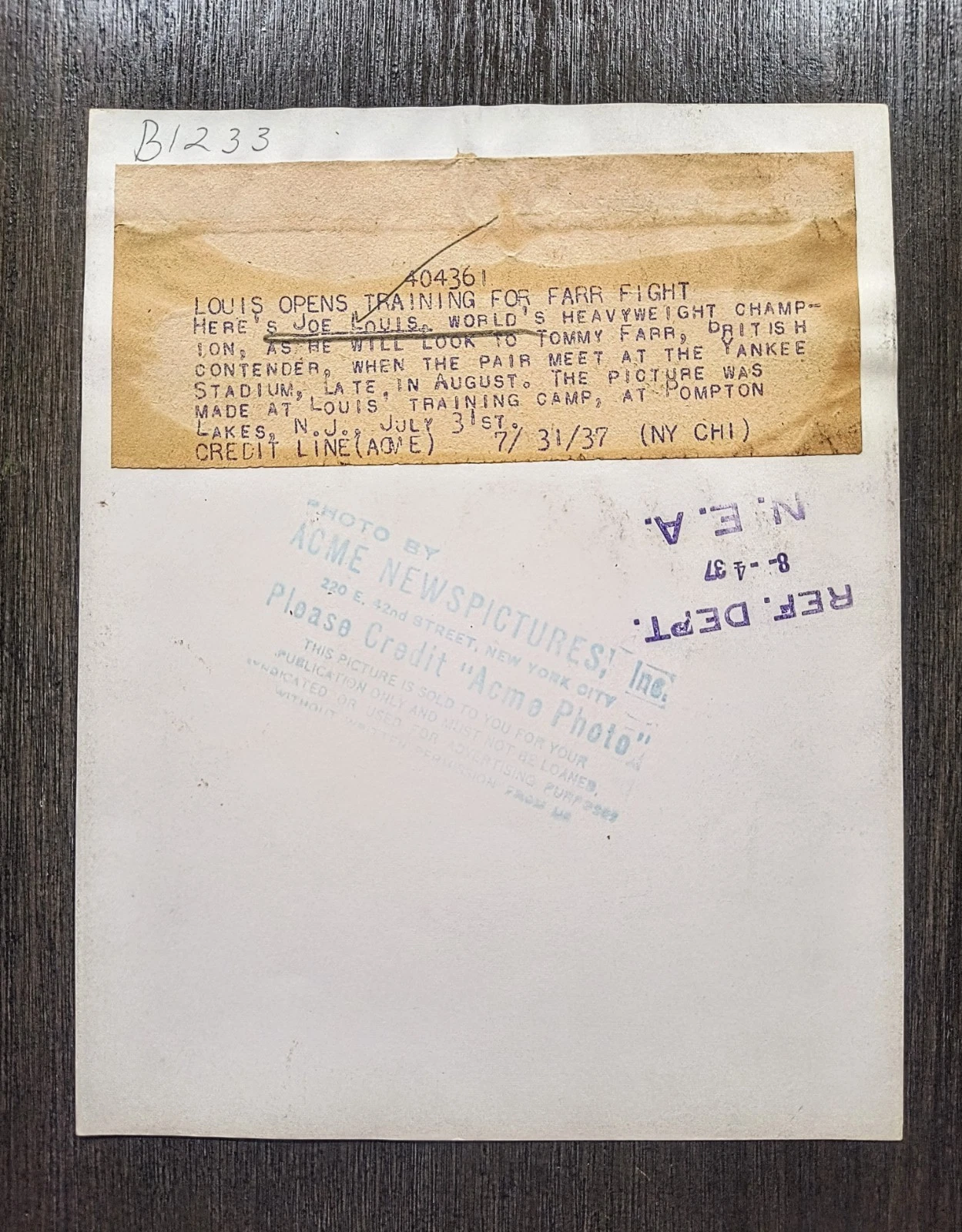 1937 Joe Louis "New Champion" TYPE 1 Original Photo - 画像2/2