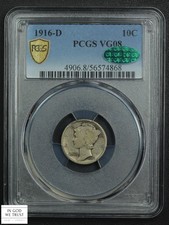 1916 D Mercury Silver Dime 10C PCGS VG 08 CAC