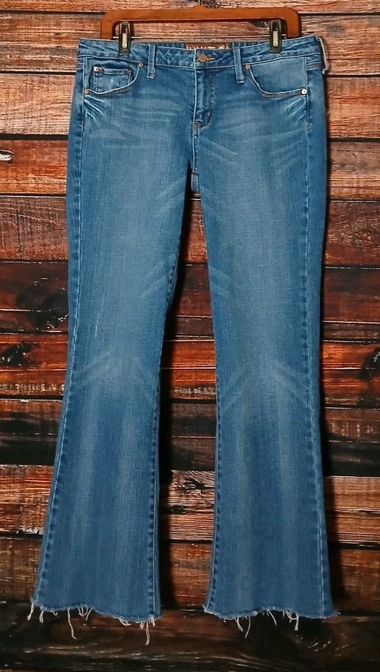 HINT Jeans Size 10 11 Boot Cut Low Rise Blue Denim Raw Hem Distressed Stretch  - Image 3 of 4