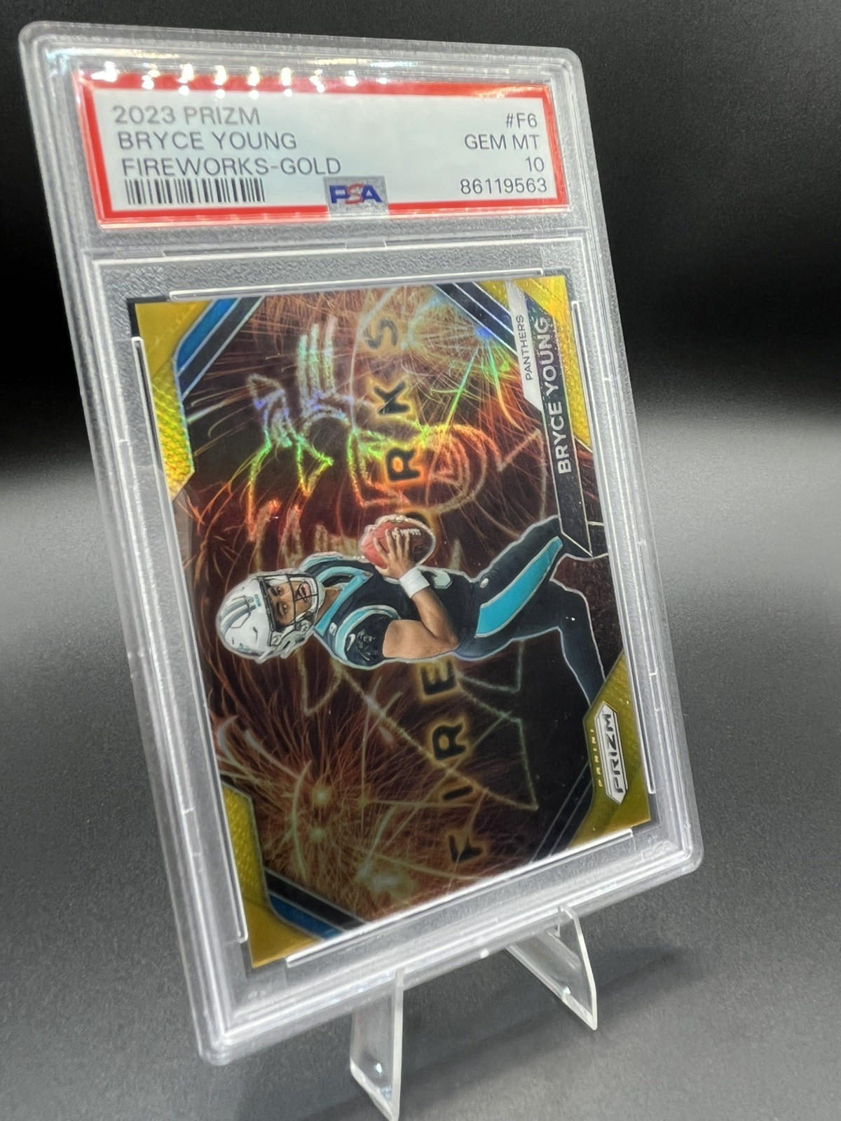2023 Bryce Young prizm PSA 10 True Gold Fireworks JERSEY # 9/10 Rookie RC!