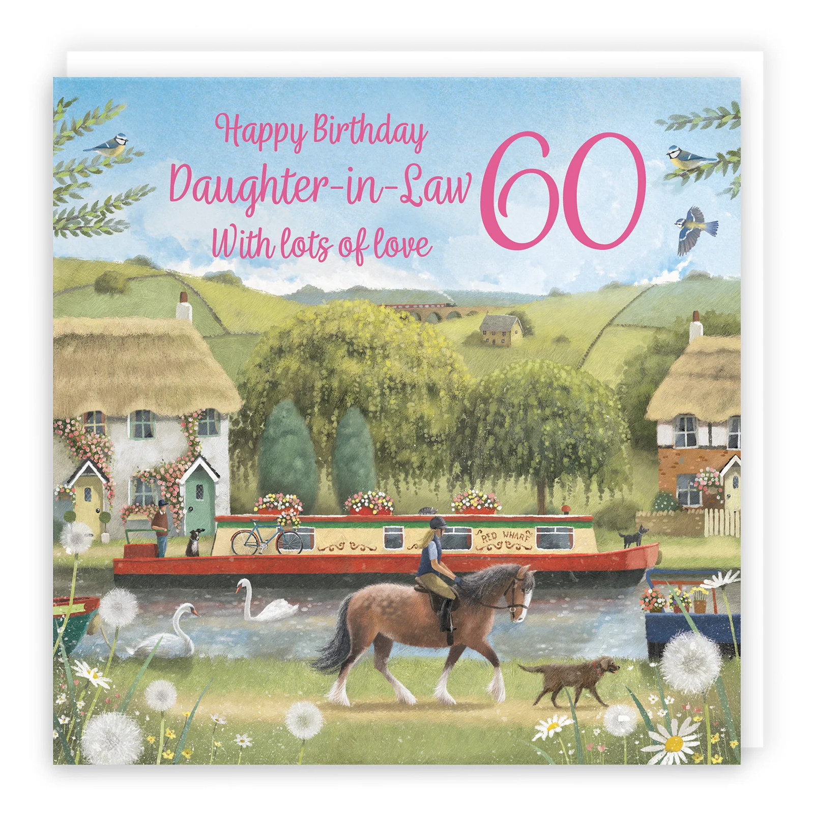 60th Daughter-in-Law Canal Narrowboat Birthday Card Horse Riding Milo's Gallery