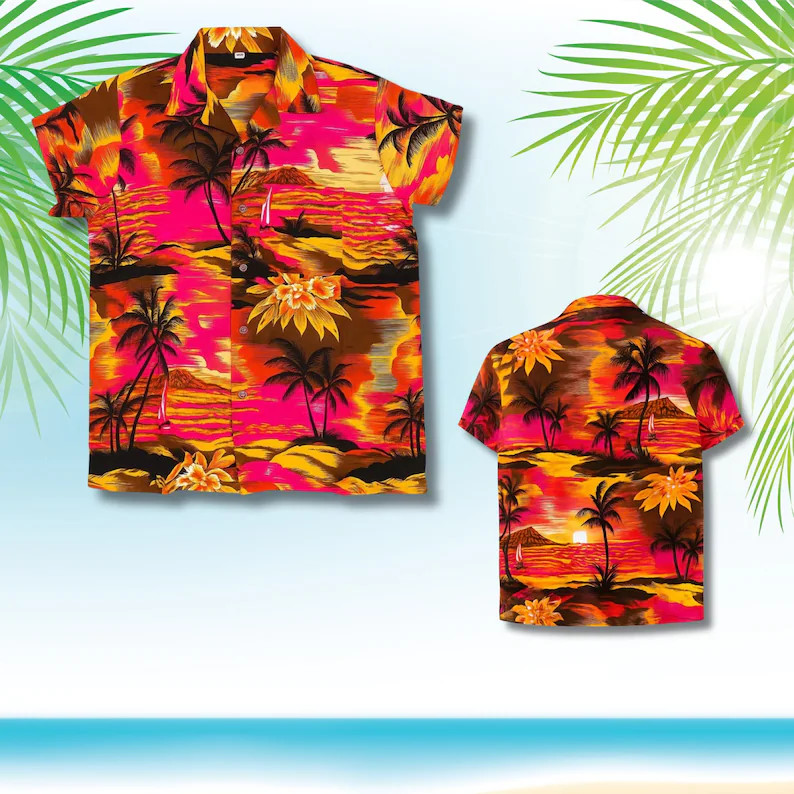 Neon Tropical Sunset Hawaii Shirt Mens Womens Beach Aloha Summer Vacation Top