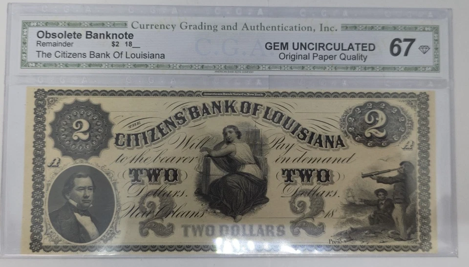 1800' $2 Dollar bill Grade 67 PMG NOLA CITIZENS BANK LOUISIANNA GEM UNCIRCULATED - Image 2 of 4