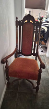 Victorian Dark Wood Brown Upholstered High Back Armchair Padded Seat, Arms