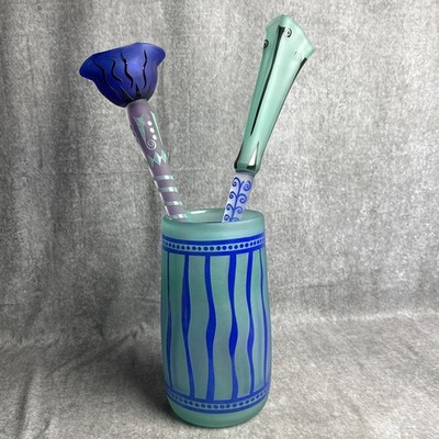 Fellerman & Raabe Glass Art Vase Signed and Dated 1997 Hand Blown & 2 Flowers