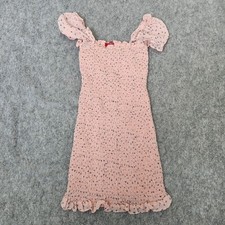 GUESS Smocked Puff Sleeves Milkmaid Dress Women's S Pink Floral Flutter Hem Y2K
