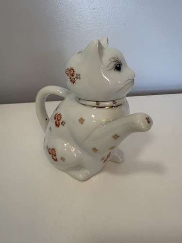 Teiera vintage gatto gattino porcellana dipinta a mano 5 1/4” T floreale con occhi azzurri usata in ottime condizioni - Foto 6 di 14