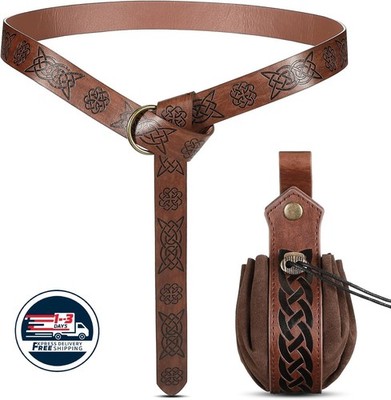 2 piezas Cinturón vikingo medieval Bolsa renacentista Bolsa de cuero medieval