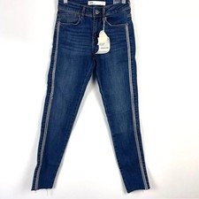 Zara Jeweled Stripe Cropped Skinny Jeans Raw Hem Mid Rise Women  s Size 2 NWT