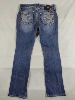 Miss Me Jeans Women's 29 Boot Cut Distressed Fleur De Lis Cowgirl Denim Blue