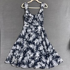 Dressbarn Dress 4 Navy Blue White Floral Fit Flare Sheer Flowy Garden Party Midi