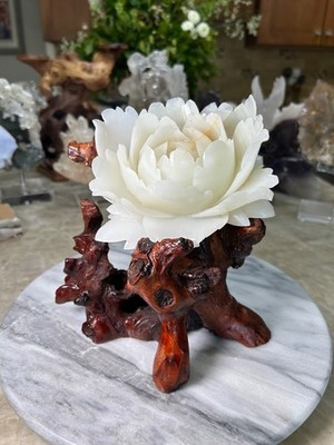 Afghan Jade flower rose  Carving on wood branch stand
