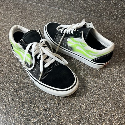 VANS Old Skool Black Green Flame Suede Canvas Skate Shoe Womens Sz 7 Lace Up Low
