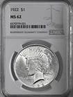 1922-P  $1 PEACE SILVER DOLLAR  "PHILADELPHIA MINT"  NGC MS62 #6570779-031