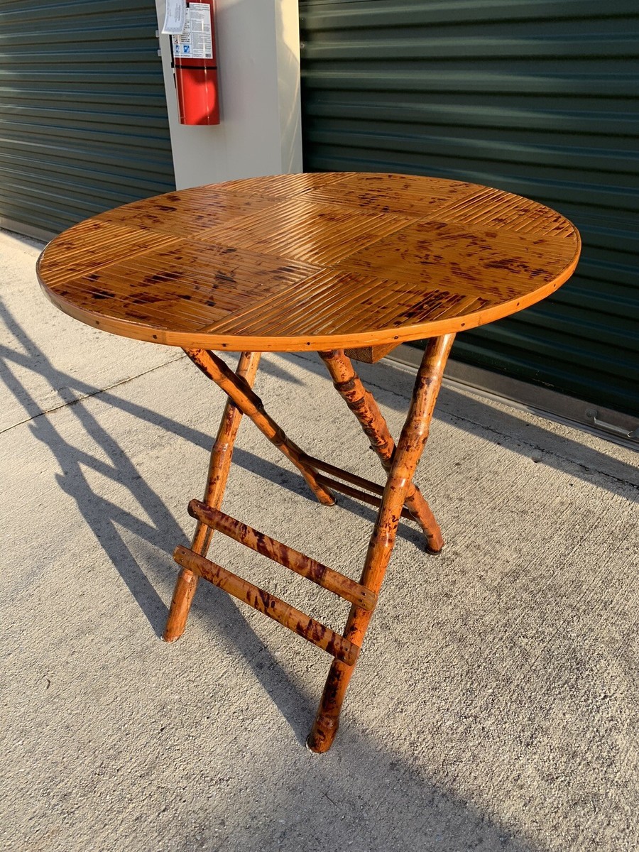 Vintage Bamboo Tortoise Shell Folding Bistro Table MCM 70s Rattan