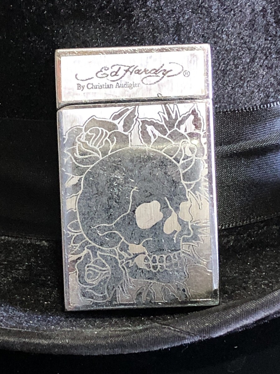 Vintage Ed Hardy Skull & Roses ENZO Electric Butane Lighter Silver