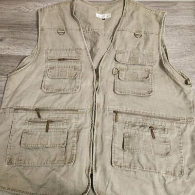 Vintage Eidlovais Lodestar Khaki Vest Size XXL Multi Zip Pockets Hiking Fishing