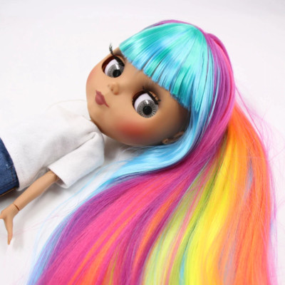 Neo Blythe Puppe Nude Bunt Regenbogen Haare Medium Dunkle Haut Matt Gesicht BJD Toys