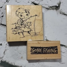 Gone Fishing Rubber Stamps Lot Of 2 Wood Mounted Crafts 