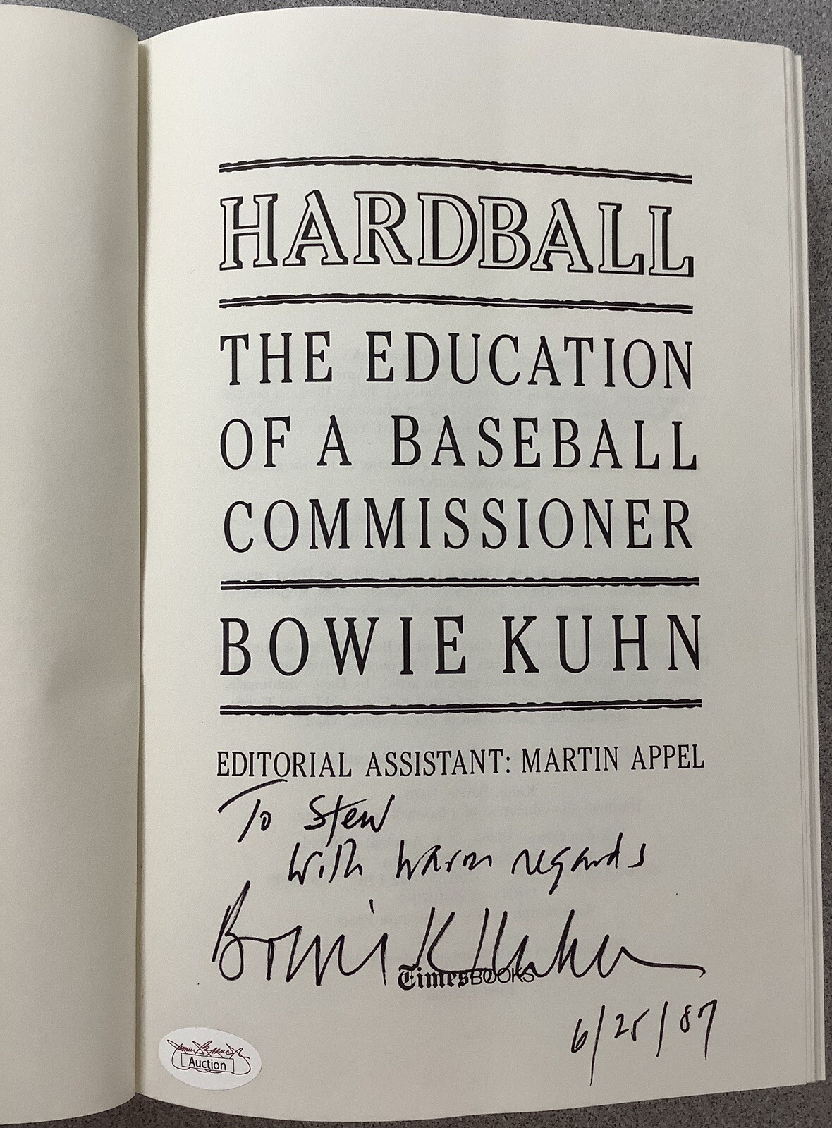 Bowie Kuhn Signed Book Auto Hardball The Education Of A Baseball ...