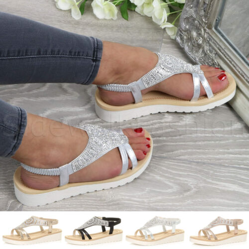 Womens ladies flatform low heel wedge t-bar diamante slingback sandals shoes - Afbeelding 1 van 25