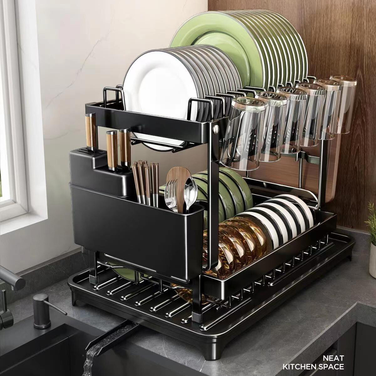 Tier Dish Drainer Rack with Drip Tray Cutlery Holder Plate Racks Kitchen  Sink