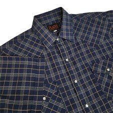 Plains Western Wear Mens Large Short Sleeve Pearl Snap Button Shirt Blue Plaid