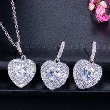 Silver Plated Small Heart CZ Pendant Necklace Drop Earrings Zirconia Jewelry Set